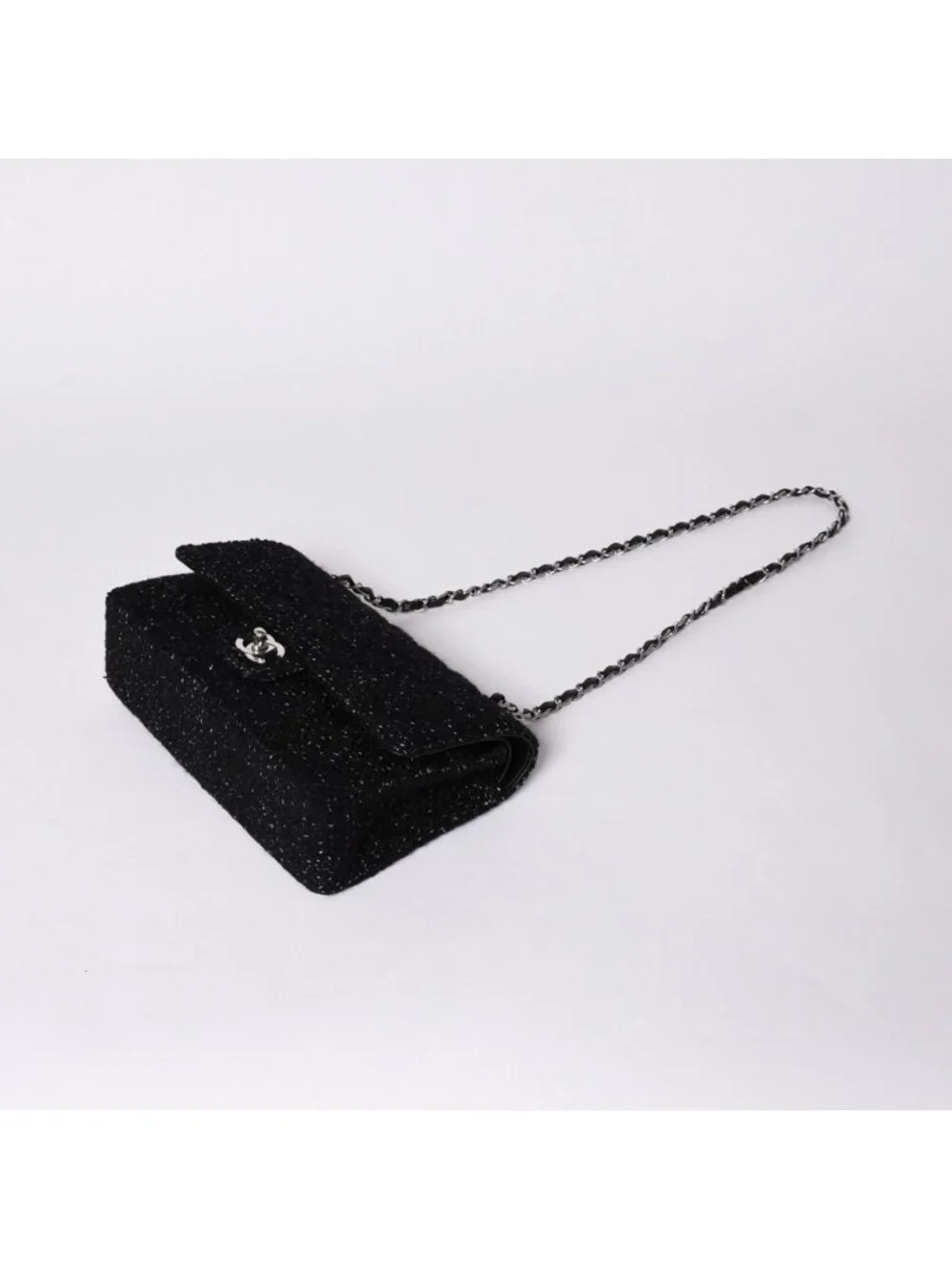 Chanel Quilted 25 Double Flap Chain Shoulder Bag CC Logo Tweed Leather Black